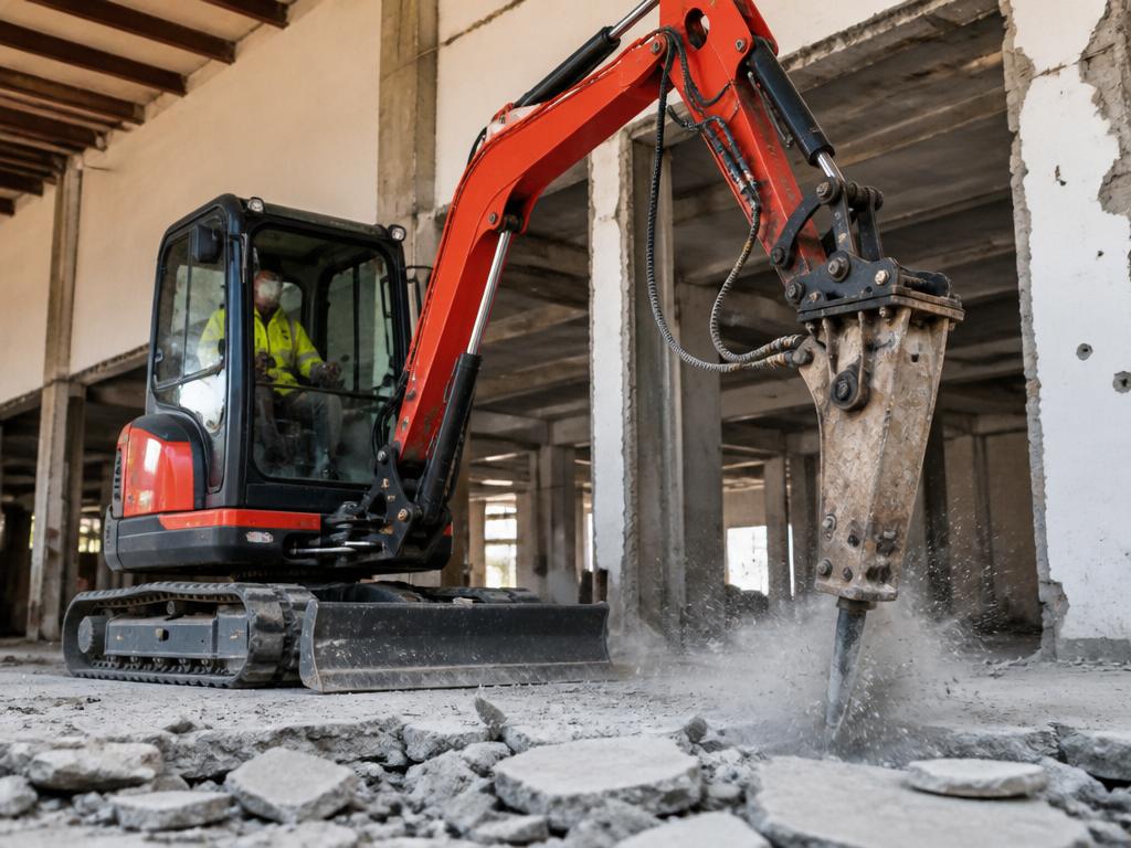 Mini excavator with hydraulic breaker breaking concrete