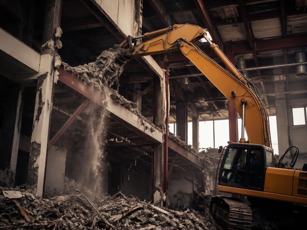 Large excavator demolishing a commercial structure