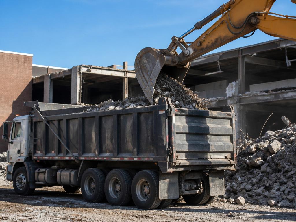 Dump truck removing demolition debris from site